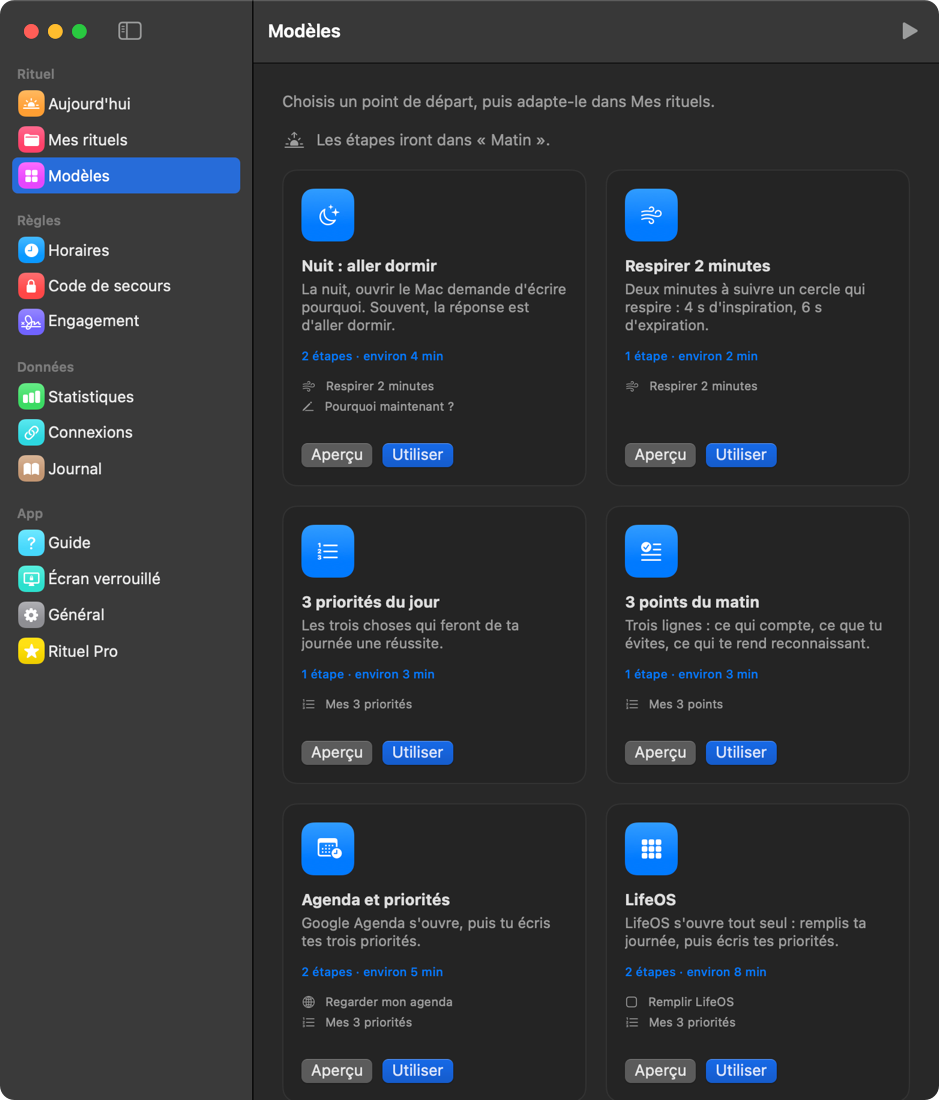 The Templates page with ready-made rituals